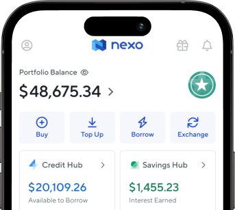 A render of a phone showing the NEXO App Dashboard